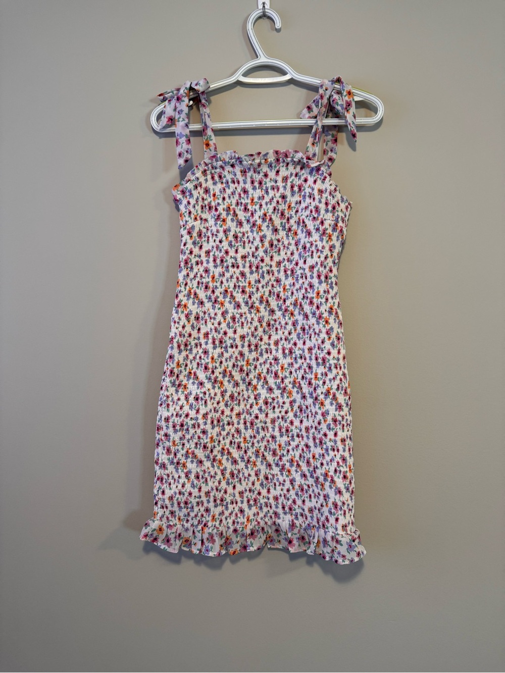 Girls White Floral Tie-Shoulder Smocked Dress